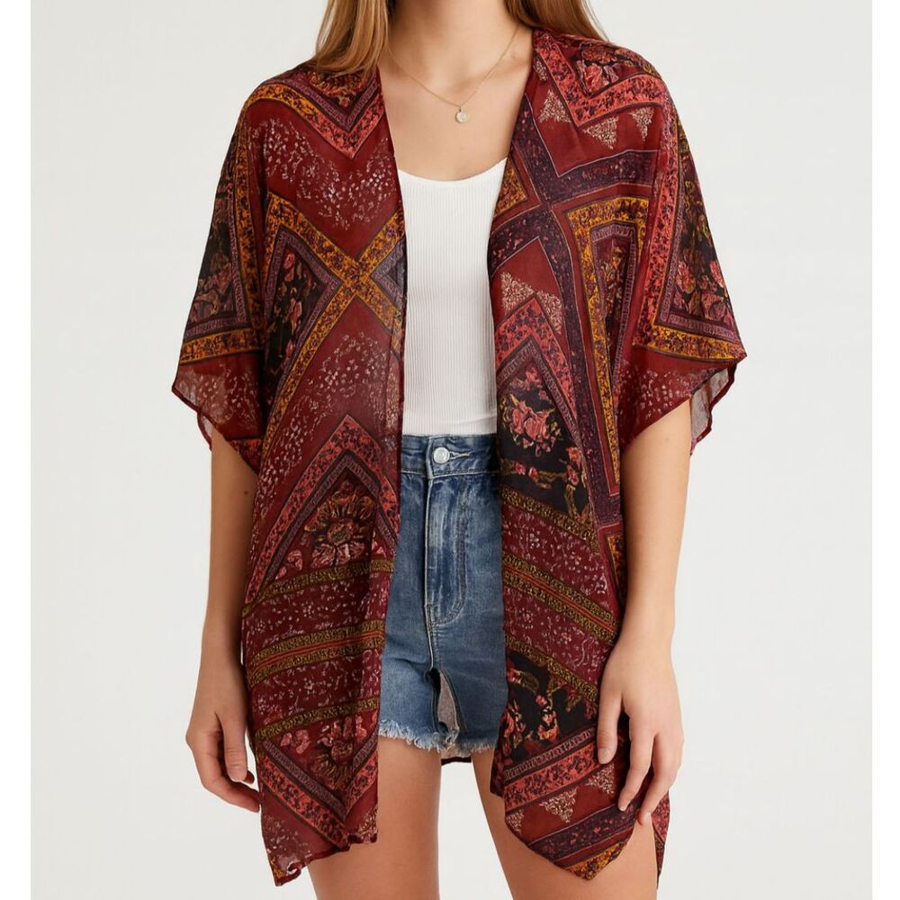 American Eagle Outfitters Burgundy & Black Patterned Sheer Kimono